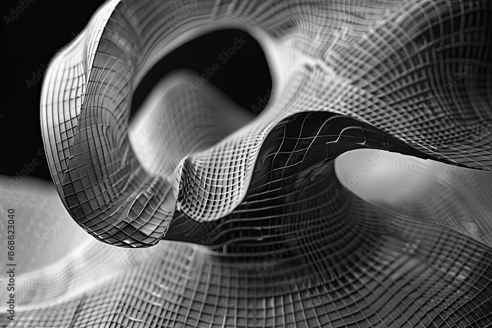 Poster a close-up image of abstract wireframe forms rendered in black and white, creating a dynamic and fut