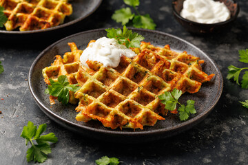 Homemade zucchini waffles in a rustic plate. Healthy food.