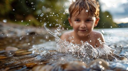 Obraz premium A playful child creates water splashes, expressing pure joy and carefree spirit, framed in the serene and natural setting of a sunny riverside during a bright day.