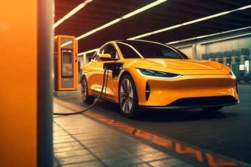 Obraz premium An electric vehicle or EV car at a charging station with the power cable supply plugged. Eco-friendly sustainable energy concept