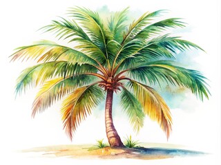 Fototapeta premium Vibrant watercolour illustration of a single palm tree on a transparent background, detailed with gentle brushstrokes and soft, blended colours, evoking a sense of tropical serenity.