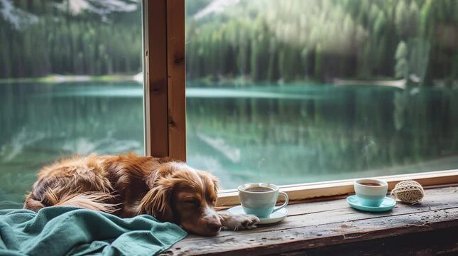 Dog sleeping beside coffee cup near window with tranquil lake landscape view
 Seamless looping 4k time-lapse virtual video animation background. Generated AI