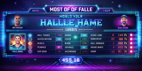 Most valuable player card with leaderboard. Top players score screen. Game ranking holographic leaderboard. Winners virtual chart with statistics. Best players of all time. Hall of fame. Eps10 vector