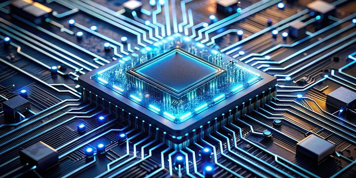 Futuristic quantum computer processor with glowing blue circuits, illuminated wires, and sleek metallic components showcasing advanced artificial intelligence technology in a dark background.