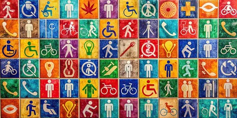 Colorful tiled background featuring diverse disability symbols, including wheelchairs, canes, signs for deafness and blindness, and others, promoting inclusivity and empowerment.