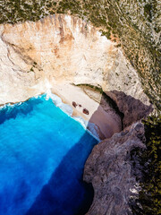 Aerial view over the famous Navagio beach (Shipwreck beach) in Zakynthos island, Greece