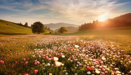 flower field in spring countryside