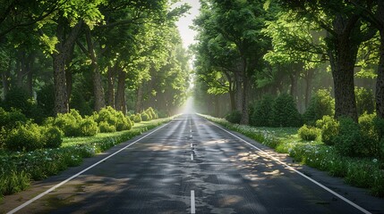 Obraz premium Asphalt road in the green forest with sunbeams and fog, Ai Generated