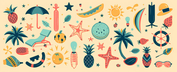Summer vibe. Set of cute vector illustrations: logo, watermelon, resort, strawberry, swimsuit, sunglasses, sun, starfish, steering wheel, pineapple, rainbow, lounger, inflatable ring, umbrella