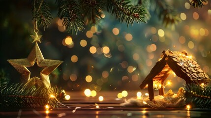 A serene Christmas scene showing a golden star ornament and an illuminated miniature nativity scene with bokeh lights, evoking festive warmth and holiday spirit.