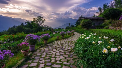 Obraz premium A serene garden pathway lined with colorful flowers and pots, leading towards a quaint house with a breathtaking view of mountains under a dramatic sky at dusk.