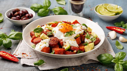 Sweet Potato and Chorizo Hash with egg, avocado and herbs.