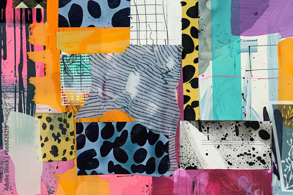 Poster a colorful abstract collage featuring various textures and patterns. generative ai