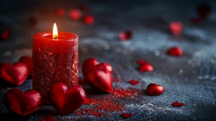 A glowing red candle surrounded by multiple red hearts on a dark, textured surface, creating a romantic and moody atmosphere perfect for Valentine's Day themes.