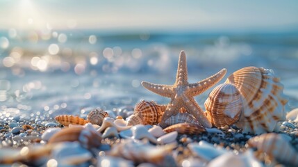 This image features a close-up of starfish and seashells scattered on a sandy beach with waves gently lapping in the background, capturing the essence of shoreline beauty.