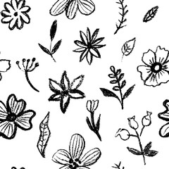 Trendy floral seamless pattern for fabric design. Flowers in Japanese style black and white texture. Summer vector illustration. Abstract grunge texture. Hand drawn brush pattern.

