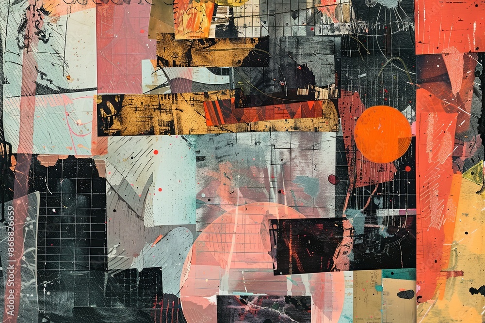 Poster a vibrant abstract collage featuring various textures and colors, arranged in a grid pattern. genera