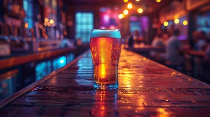 A glass of amber beer rests on a polished wooden bar counter, while a warmly lit, vibrant pub setting with blurred background elements creates a cozy atmosphere.