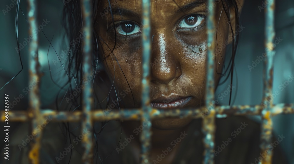 Poster a close-up view of a woman's face with her eyes and mouth obscured by prison bars, suitable for use 