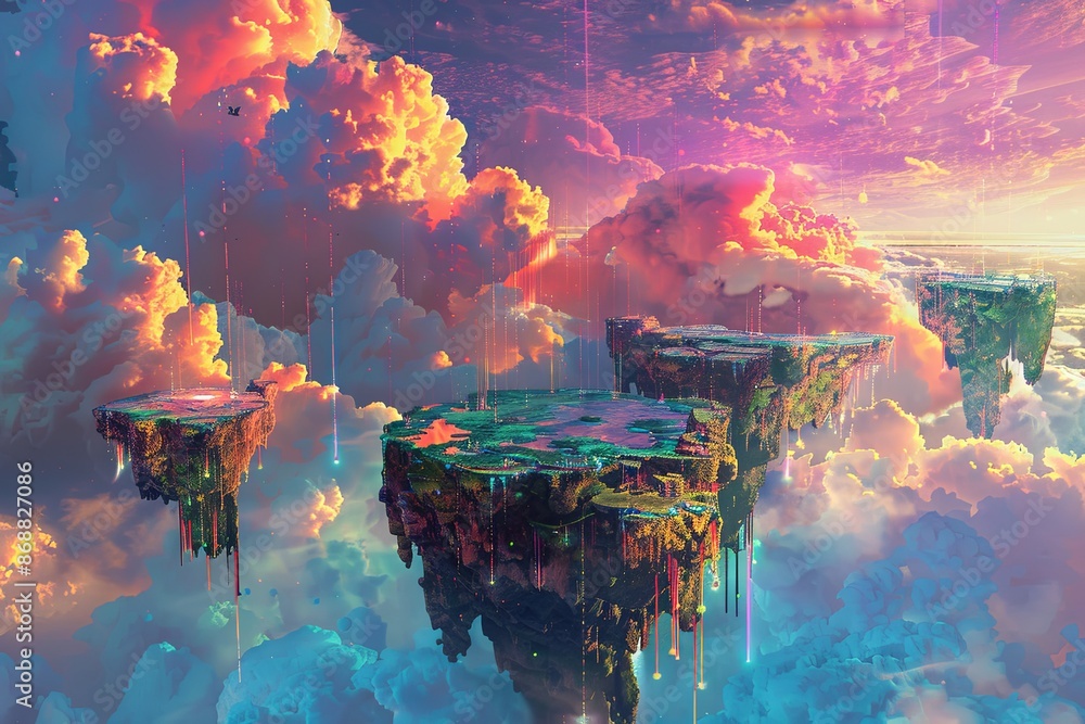 Poster a vibrant digital world with multiple floating islands suspended in the clouds. generative ai