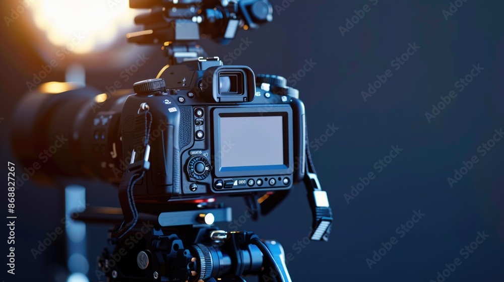 Poster a detailed view of a camera placed on a tripod, suitable for photography and videography use