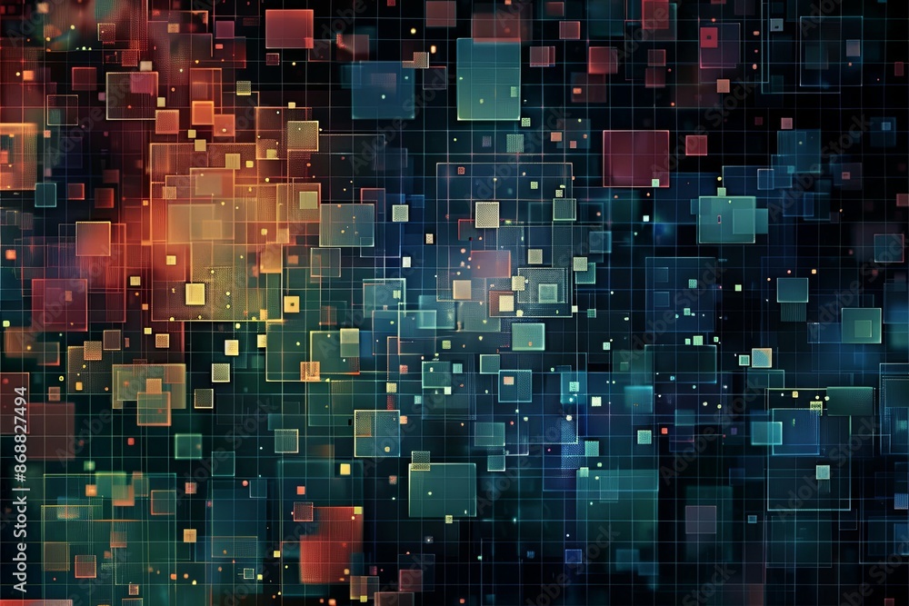 Poster an abstract pattern of colorful pixelated squares, creating an intricate grid-like design. generativ