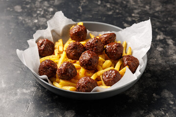 Beef meatballs and french fries. Fast food, Take away food
