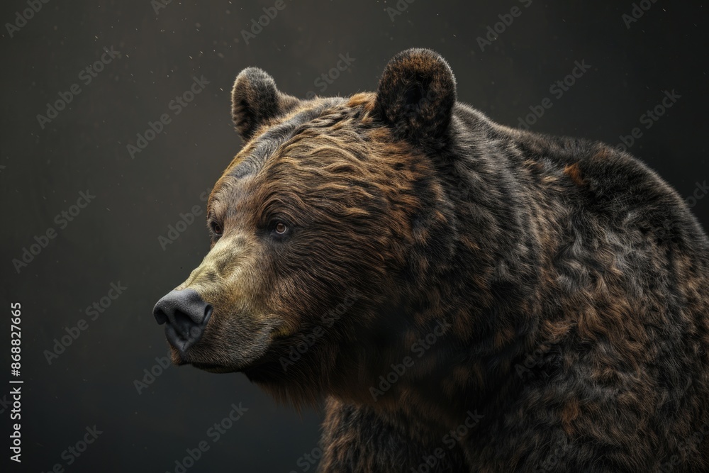 Poster a large brown bear stands in front of a black background, ready to be used for your design or projec
