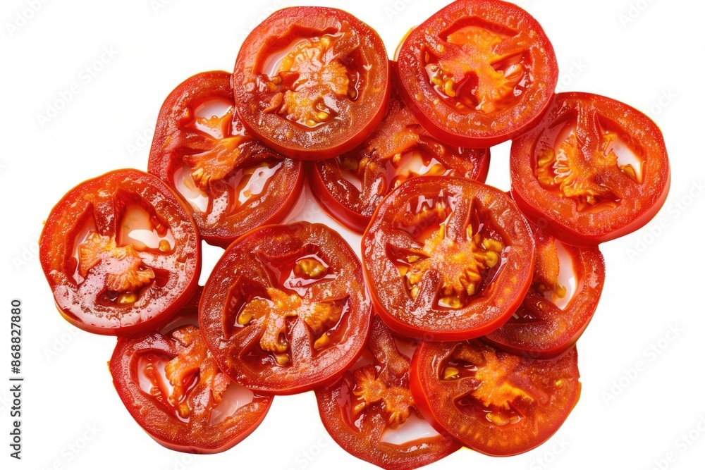 Poster a stack of fresh tomato slices on a clean white surface