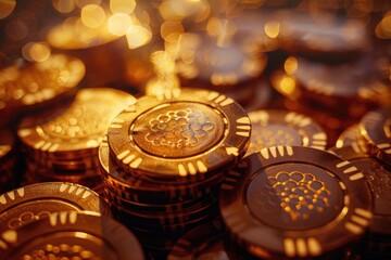 A stack of gold poker chips, perfect for casino or gaming themed designs
