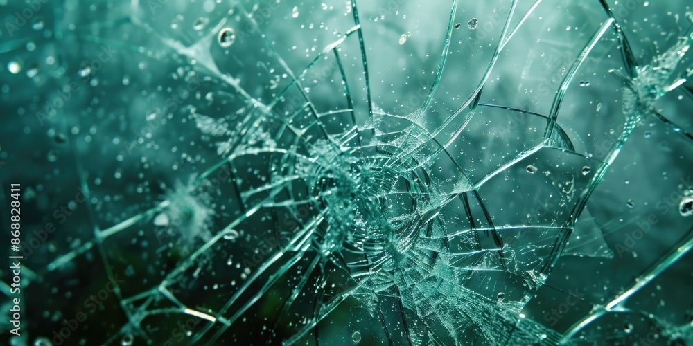 Poster a close-up of a broken glass window with water droplets on the surface, often used in crime scene or