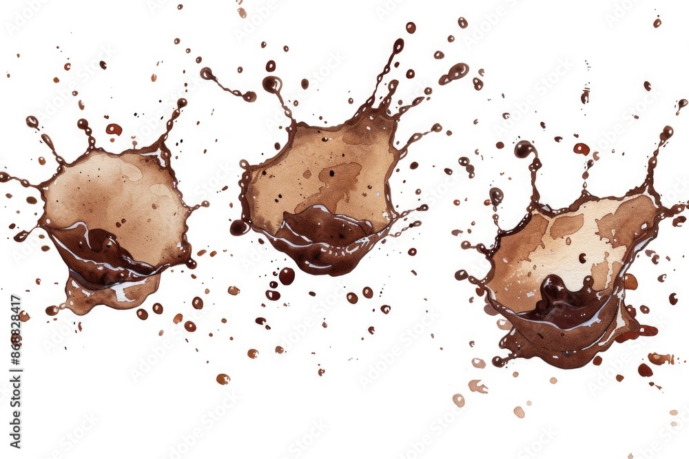 Poster three pieces of chocolate splashing into a body of water, perfect for food and beverage related conc