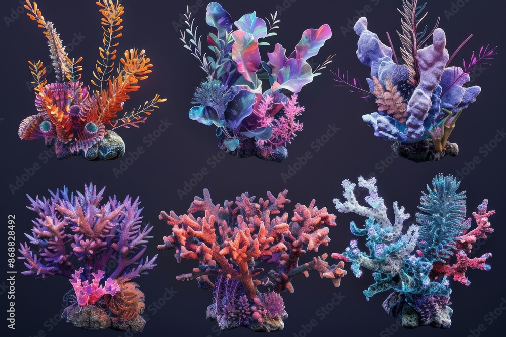 Poster a cluster of coral shapes in various colors against a dark background