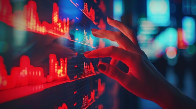 A futuristic scene where a person's hand interacts with a digital interface displaying red data visuals, signifying technology and data analysis advancements.