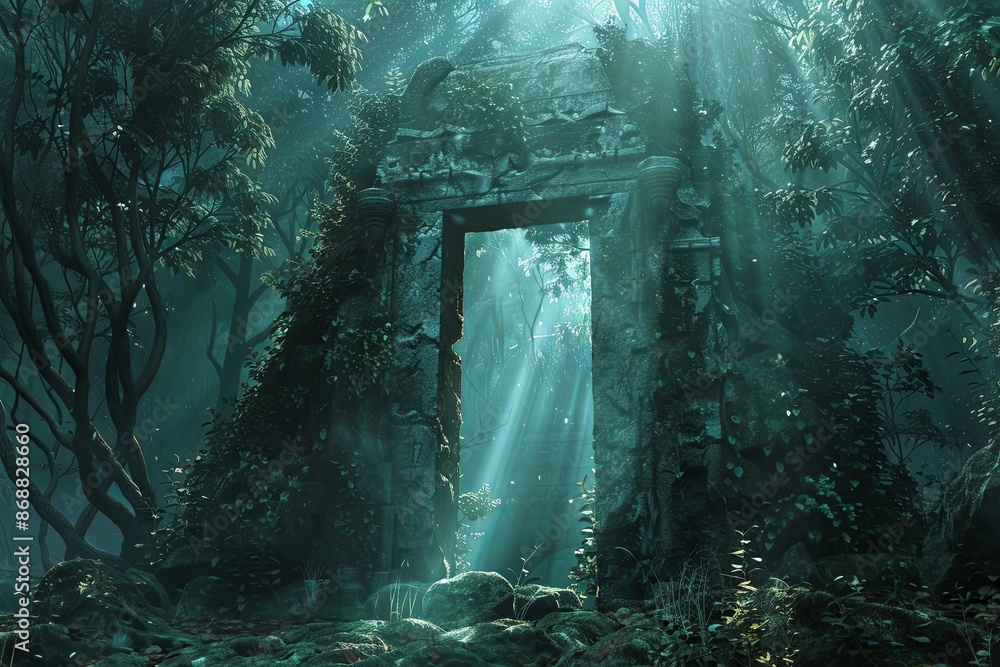 Aufkleber A crumbling stone portal stands open in a dense, mystical forest. Sunlight filters through the trees, creating an ethereal glow. Generative AI