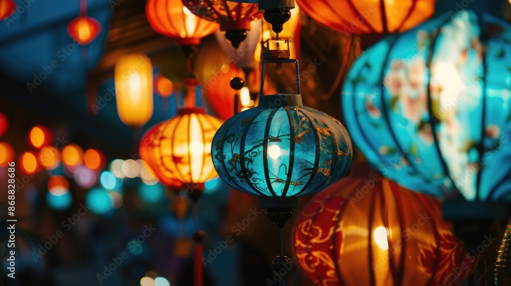 Aufkleber a collection of colorful lanterns hangs from the ceiling, creating a vibrant atmosphere