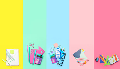 Paper rocket with school stationery on yellow background