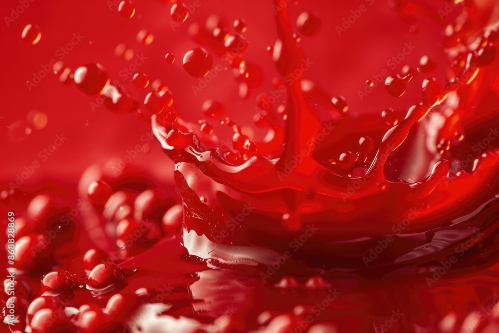 Poster a drop of red liquid sits on a red surface, suitable for use in medical or scientific contexts