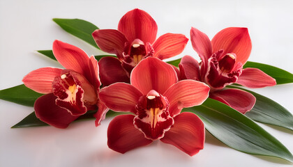 Close-Up of Red Orchids With Green Leaves on White Background