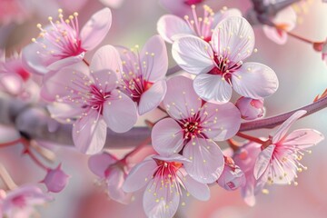 Obraz premium A close-up shot of colorful flowers blooming on a tree branch, perfect for decorating or design purposes