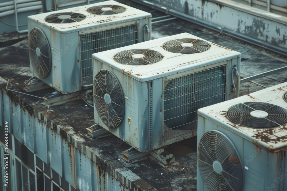 Poster a collection of air conditioning units installed on the rooftop, suitable for use in architectural o