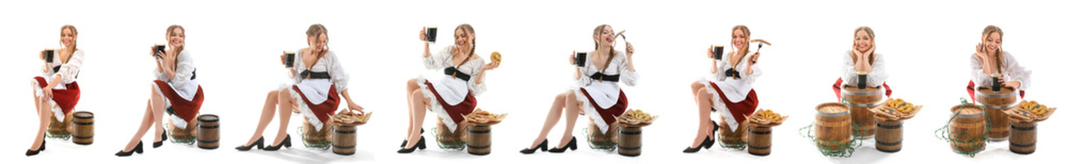 Set of beautiful Octoberfest waitress with beer and snacks on white background