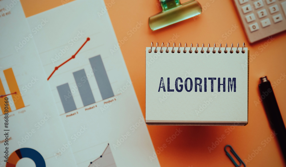 Poster there is notebook with the word algorithm. it is as an eye-catching image.