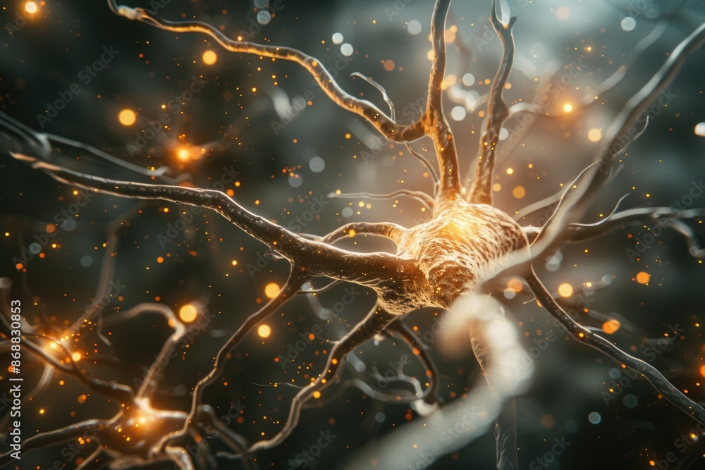 Poster Close-up image of a neuron's brain cell, showing dendrites and axon