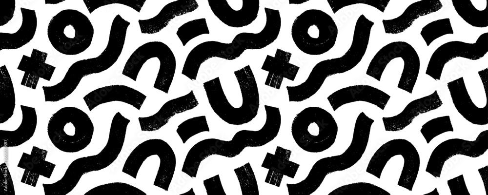 Poster charcoal bold geometric shapes and lines seamless pattern. hand drawn doodle scribble thick shapes. 