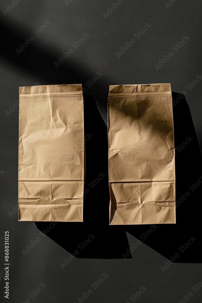 Poster two paper bags placed on a table with a flat surface