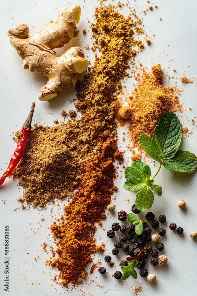 Poster A selection of various spices and herbs arranged on a white surface