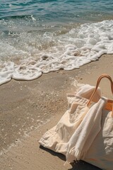 A beach bag sits on the sand next to the ocean, perfect for storing towels and other essentials during your day at the beach