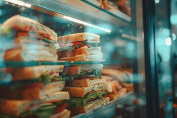 A colorful display case filled with various types of sandwiches, perfect for cafes, restaurants, and food establishments