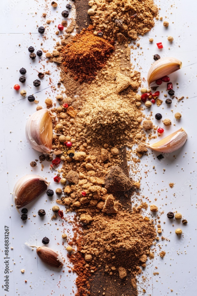 Poster a collection of various spices on a clean white surface